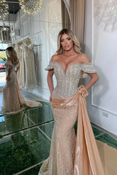 Chic Champagne Mermaid Sweetheart Off-The-Shoulder Sleeveless Sequined Panel Train Long Tulle Evening Dresses With Rhinestones